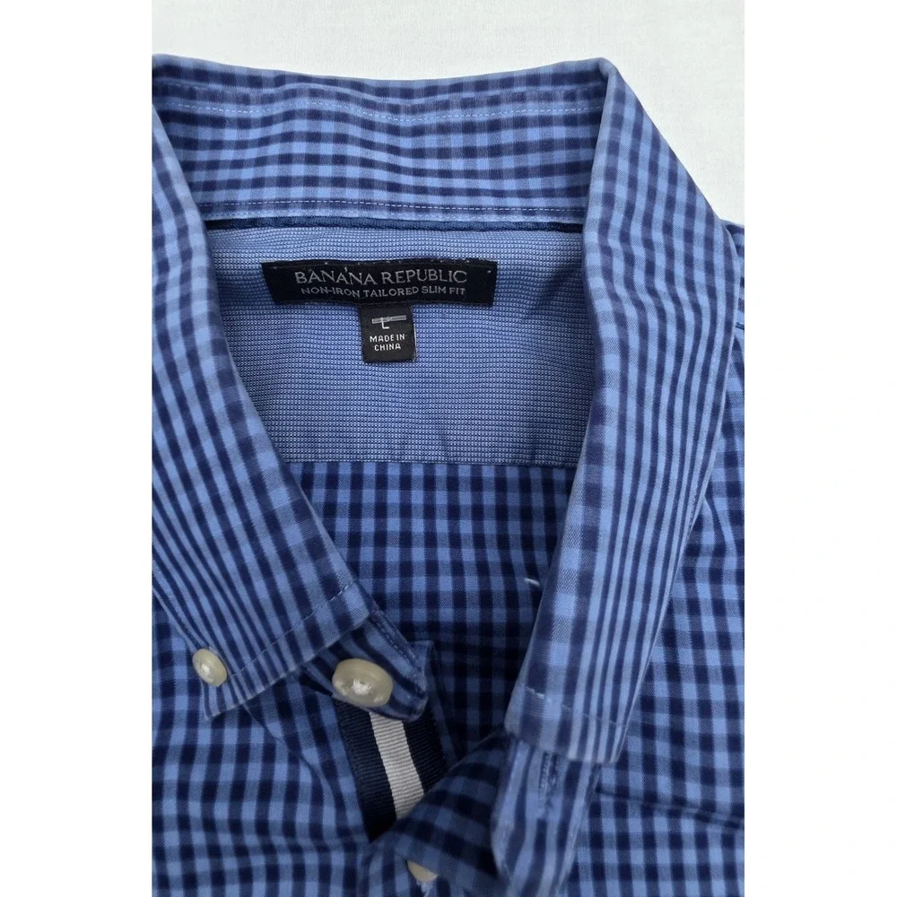 Banana Republic Non-iron Tailored Slim Fit Blue Check Plaid Shirt Men's Size L